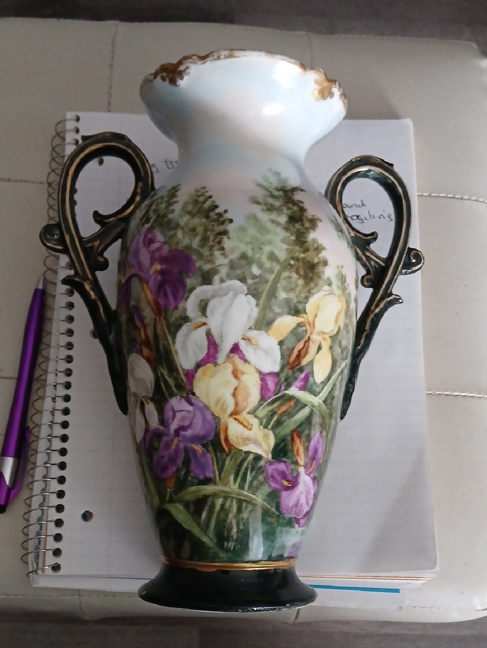Source Unknown White Purple Yellow Floral Porcelain Vase with Gold Accents